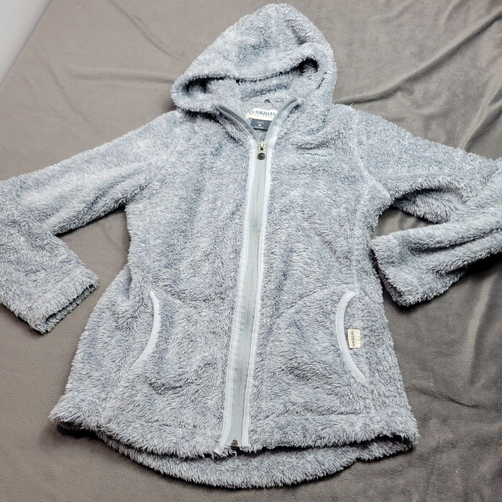 Cozy Hooded Girls Jacket Fuzzy Gray Zip-Up Magellan Outdoors Medium Polyester